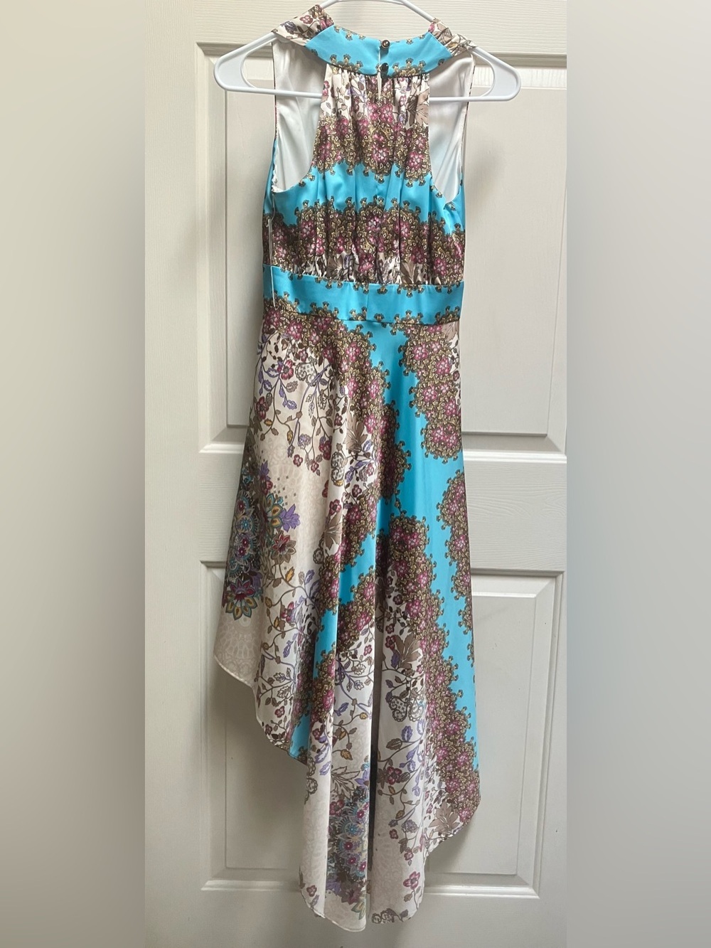 NWT ANTONIO MELANI Turquoise, Cream & Brown Floral Asymmetrical Dress Size 0 - Picture 2 of 4